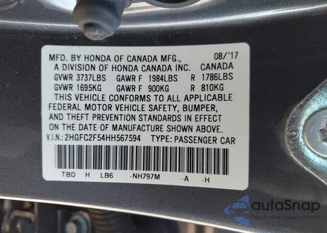 2017 Honda Civic Lx из США, поврежденный, VIN 2HGFC2F54HH567594